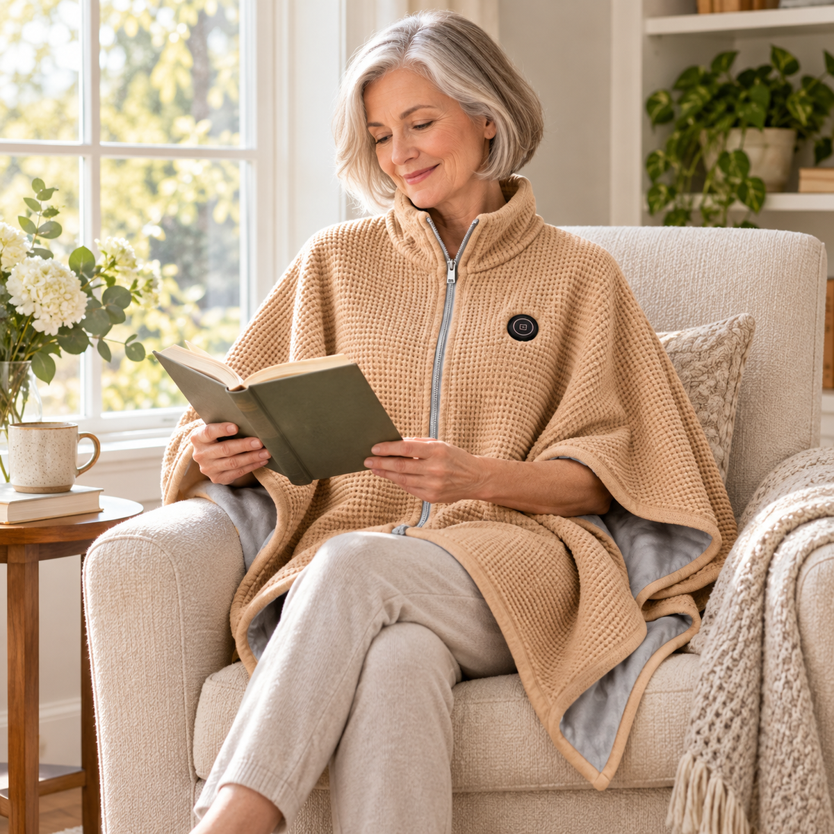 Beheizbarer Poncho in Beige beim Lesen