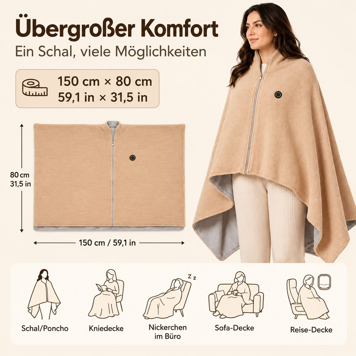 Beheizbarer Poncho – ca. 150 × 80 cm, als Poncho oder Decke