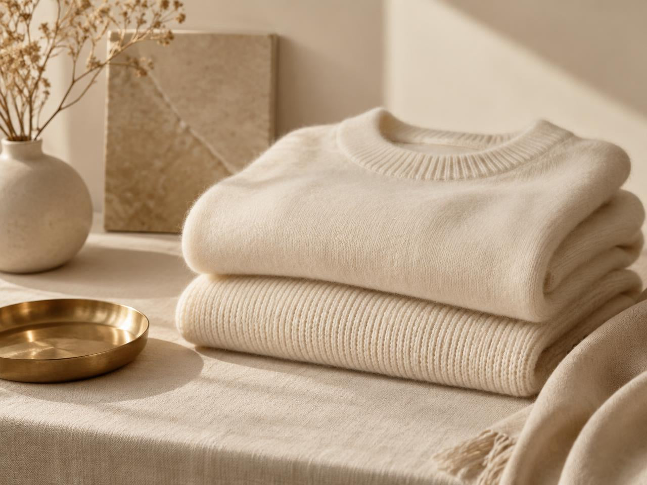 Gefaltete Strickpullover in Creme auf einem hellen Tisch